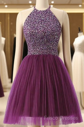Halter Sleeveless Short Purple Homecoming Dress Formal Prom Dress