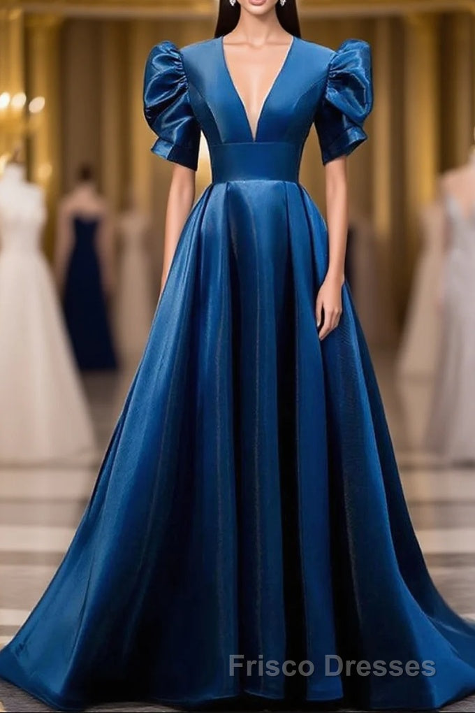 Blue V Neck Satin Short Sleeves Long Formal Prom Dress Blue Satin Even blue-v-neck-satin-short-sleeves-long-formal-prom-dress-blue-satin-even