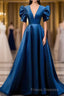 Blue V Neck Satin Short Sleeves Long Formal Prom Dress Blue Satin Evening Dress