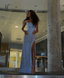 Sparkly Blue Sequins Sheath Evening Party Dress With High Slit Long Prom Dress