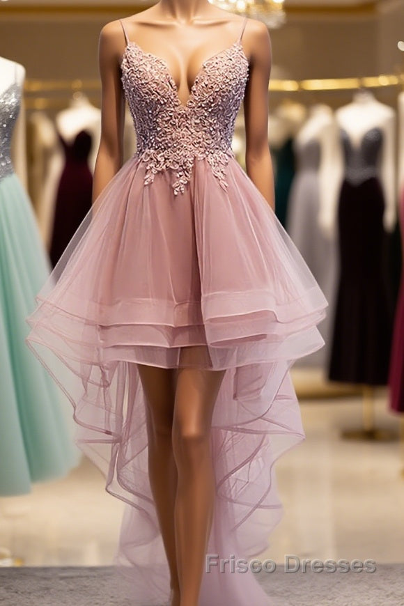 High Low Pink Lace Formal Prom Dresses, Pink High Low Formal Graduatio