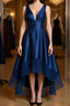 High Low V Neck Blue Satin Formal Prom Dresses, Open Back Blue Formal Dresses, Blue Evening Dresses