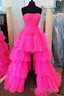High Low Hot Pink Strapless Formal Prom Gown