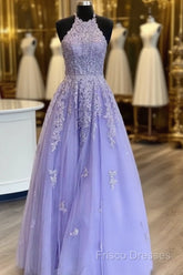 Hot Halter Purple Formal Prom Dress Lace Long Graduation Formal Dress