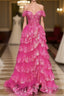 Hot Pink Lace Off Shoulder Tiered Formal Prom Dress With Slit