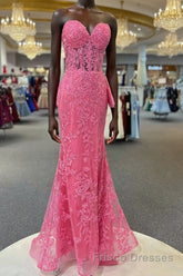 Hot Pink Mermaid Lace Formal Prom Dresses, Hot Pink Mermaid Lace Formal Evening Dresses