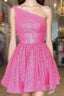 Hot Pink Formal Prom Dresses One Shoulder A Line Short Homecoming Dresses Sequins