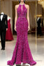 Hot Pink Sequins Long Formal Prom Dress, Mermaid Backless Evening Dress