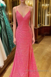 Hot Pink V Neck Sequins Long Formal Prom Dress Crossed Back Mermaid With Slit