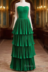Hunter Green A-Line Chiffon Strapless Layers Long Formal Prom Dress Formal Evening Dress