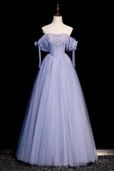 A-line Blue Sweetheart Neck Tulle Long Prom Dress, Blue Formal Evening Dresses