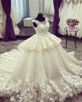 Ivory Lace Flowers Beaded Scoop Neckline Ball Gowns Wedding Dresses