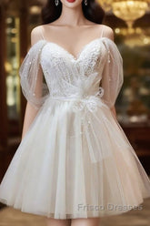 Ivory Sweetheart Tulle Short Party Dress, Ivory Tulle With Lace Homecoming Dress