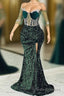 Jewel Mermaid Lace Applique Sequined Floor-length Half Sleeves High Split Formal Prom Dresses
