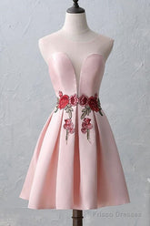 Knee-Length Open Back Pink Satin Homecoming Dress With Appliques