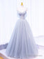 Gray Spaghetti Strap Tulle Long Prom Dress, Gray A-Line Evening Party Dress