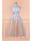 Lace Appliques Champagne Strapless Tea Length Wedding Dress