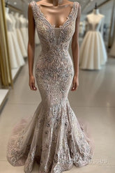 Lace Beaded Sexy African Dubai Formal Dress Mermaid Backless Formal Prom Dress Deep V-Neck Formal Party Bridesmaid Pageant Gowns