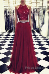 Lace Crop Top Tulle Formal Prom Dress Two Piece Evening Gowns Beaded Sashes