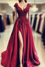 Lace Flowers Beaded Cap Sleeves V-Neck Formal Prom Dress Split Formal Gowns