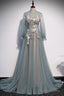 Lace Long Sleeve Unique A-Line Tulle Appliques Long Prom Dress