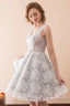 Lace V Neck Grey Short Homecoming Dresses with Ribbon