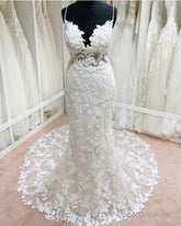 Lace V Neck Mermaid Wedding Dress Open Back