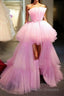 Latest High Low A-line Strapless Tulle Pink Formal Prom Dress