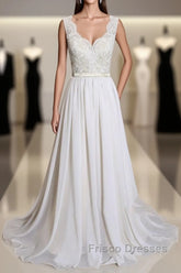 Latest Long A-line V-neck Lace Chiffon Wedding Dress