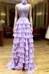 Lavender Long Tiered Violet Formal Prom Dress Ruffle High Neck With 3D Flower