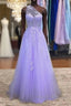 Lavender One Shoulder Appliques Lace Formal Prom Dress