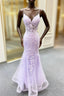 Lavender Spaghetti Straps Mermaid Formal Prom Dress With Appliques