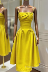 Lemon Yellow Satin Midi Bridesmaid Dress