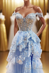 Off the Shoulder Light Blue Appliques Tiered Formal Prom Gown