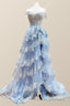Off the Shoulder Light Blue Appliques Tiered Formal Prom Gown