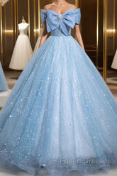 Light Blue A-Line Off Shoulder Tulle Sequins Long Formal Prom Dress Evening Dress