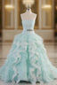 Light Blue A-Line Strapless Tulle Lace Long Formal Prom Dress Vintage Wedding Dress