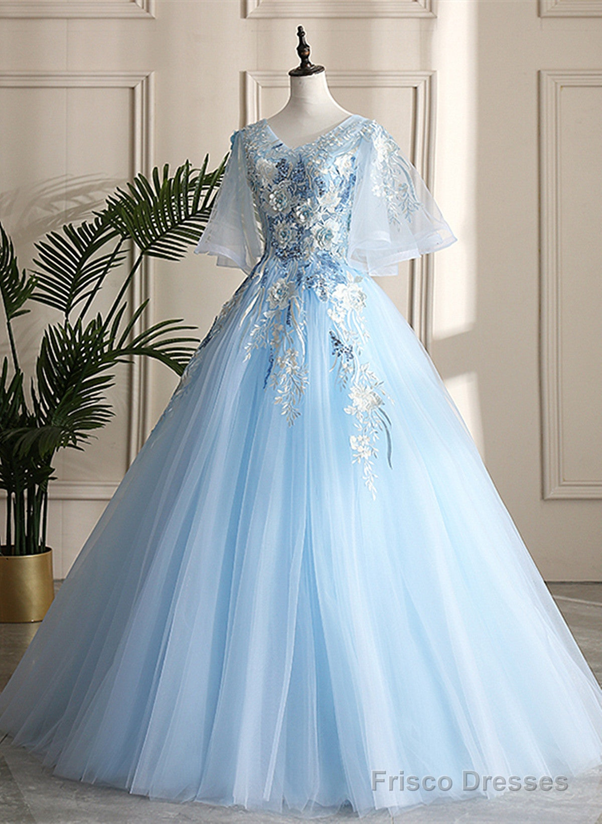 Light Blue Ball Gown V-Neckline Puffy Sleeves Party Dress, Light Blue Frisco Dresses Light Blue Ball Gown V-Neckline Puffy Sleeves Party Dress, Light Blue Frisco Dresses