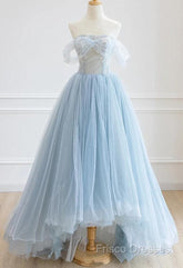 Light Blue High Low Tulle Sweetheart Formal Prom Dress, Light Blue Homecoming Dress