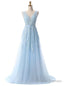 Light Blue Lace Appliques Backless Prom Dress