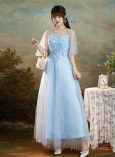 Light Blue Round Neckline Sweetheart Long Party Dress, A-Line Blue Bridesmaid Dresses