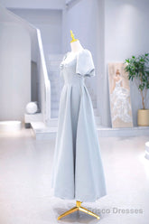 Light Blue Satin Long Prom Dress with Pearls, A-Line Short Sleeve Party Dress