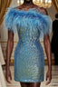 Light Blue Sparkly Tight Sequins Homecoming Dress with Feathers