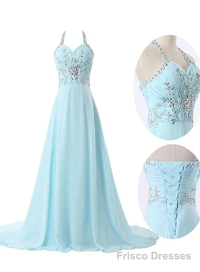 Light Blue Straps Chiffon Beaded Long Formal Dress, Charming Party Gow