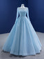 Light Blue Tulle Long Sleeve Sequins Prom Dress