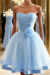 Light Blue Tulle Sweetheart With Bow Cute Party Dress, Blue Short Homecoming Dress Formal Prom Dress