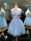 Light Blue V-neckline Knee Length Short Party Dress, Blue Homecoming Dresses
