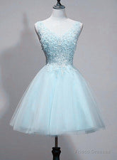 Light Blue V-Neckline Lace Applique Tulle Homecoming Dress, Low Back Short Prom Dress