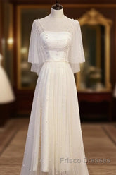 Light Champagne Short Sleeves Long Wedding Party Dress, Cute Formal Prom Dress