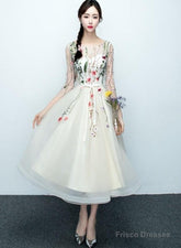 Light Champagne Tea Length Floral Lace Formal Dress Bridesmaid Dress, Cute Short Party Dresses